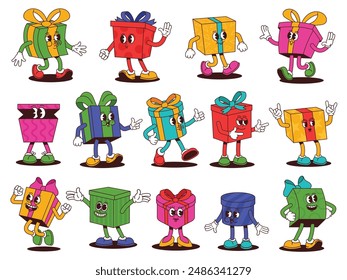 Retro cartoon gift box mascot. Happy presents characters, birthday gifts with ribbon bows and party boxes with rubber hose style arms, legs and groovy face expressions vector illustration set.