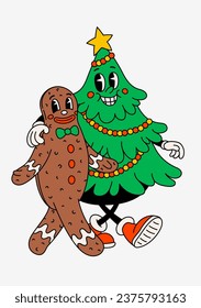 Retro cartoon gingerbread and Christmas tree . Groovy vintage 70s funny fir tree and cookie characters walking arm in arm