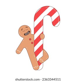 Retro cartoon gingerbread man character. Merry Christmas and Happy New year in trendy groovy hippie style.