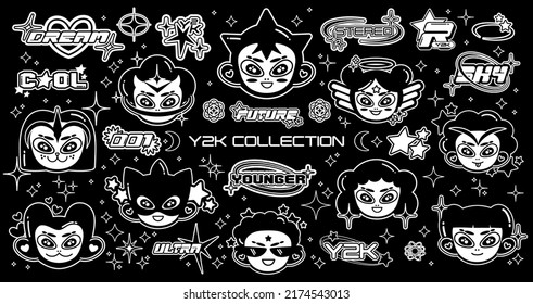 Caricatura de chica retro al estilo Y2K. Elementos con estrellas para el diseño de los años 90. Colección de objetos vectoriales