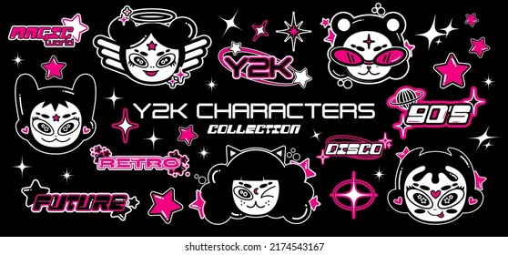 Retro cartoon girl character in Y2K style. Elements with stars for 90s design. Collection of vector objects