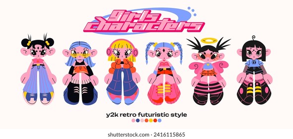 Caricatura de chica retro al estilo Y2K. Ciberchicas con estrellas para el diseño de los años 90. Colección de objetos vectoriales funky futuristas	