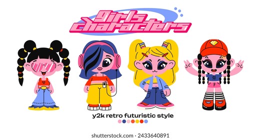 Retro cartoon girl character in Y2K style. Cyber girls with stars for 90s design. Collection of vector funky futuristic objects	