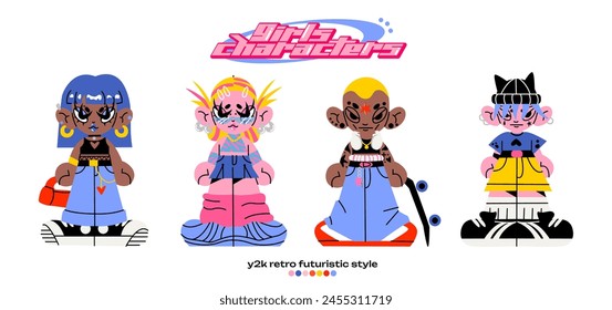 Retro cartoon girl character in Y2K style. Cyber girls with stars for 90s design. Collection of vector funky futuristic objects	