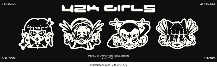 Retro cartoon girls heads characters in the y2k style. Cyber ​​Girls with stars for 90s design. Collection  vector cartoon futuristic objects