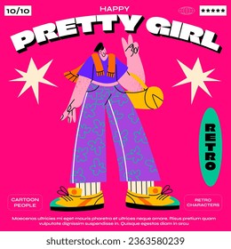 Retro cartoon glamor girl of the 90s in a fashionable outfit. Bright acid groovy poster, vector character 80s teenagers