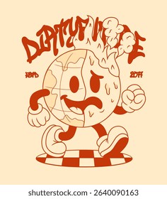 Retro Cartoon Globe on Fire Character. Vintage Motivational Poster with Dirty Future Text for T-Shirt or Wall Art