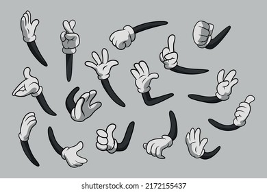 Retro Cartoon Gliebt Hands Gesten. Cartoon Hände mit Handschuhen Symbol Set einzeln. Vektorklammer Kunst - Teile des Körpers, Waffen in weißen Handschuhen. Hand-Gesture-Kollektion. Designvorlagen für Grafiken