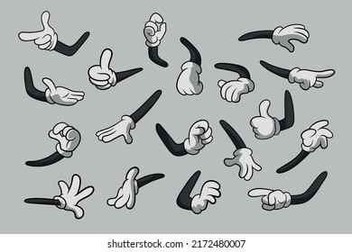 Retro Cartoon Gliebt Hands Gesten. Cartoon Hände mit Handschuhen Symbol Set einzeln. Vektorklammer Kunst - Teile des Körpers, Waffen in weißen Handschuhen. Hand-Gesture-Kollektion. Designvorlagen für Grafiken