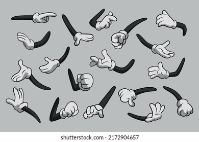 Retro Cartoon Gliebt Hands Gesten. Cartoon Hände mit Handschuhen Symbol Set einzeln. Vektorklammer Kunst - Teile des Körpers, Waffen in weißen Handschuhen. Hand-Gesture-Kollektion. Designvorlagen für Grafiken