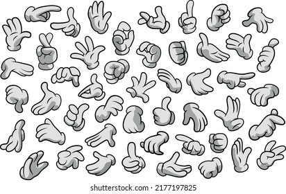 Retro Cartoon Gloved Hands Gestures. Cartoon Hands with Gloves Icon Set Isolated. Vector Clipart - Parts of Body, Arms in White Gloves. Hand Gesture Collection. Design Templates for Graphics