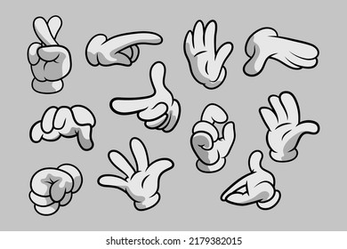 Retro Cartoon Gloved Hands Gestures. Cartoon Hands with Gloves Icon Set Isolated. Vector Clipart - Parts of Body, Arms in White Gloves. Hand Gesture Collection. Design Templates for Graphics