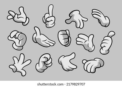 Retro Cartoon Gloved Hands Gestures. Cartoon Hands with Gloves Icon Set Isolated. Vector Clipart - Parts of Body, Arms in White Gloves. Hand Gesture Collection. Design Templates for Graphics