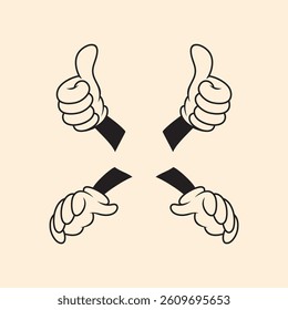 Retro Cartoon Gloved Hands Gestures. Cartoon Hands with Gloves Icon Set Isolated. Vector Clipart - Parts of Body, Arms in White Gloves. Hand Gesture Collection. Design Templates for Graphics. 
