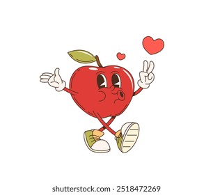 Retro desenho animado groovy maçã fruta personagem assobiando melodia de amor, vetor funky quadrinhos. Cartoon groovy fruta de maçã no amor com corações e cara feliz cantando música, personagem engraçado para romance de namorados