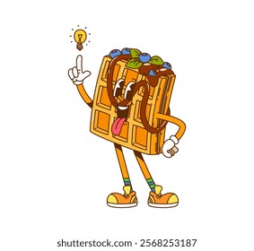 Retro cartoon groovy Belgian waffle bakery or pastry hippie fast food character. Vector wafer with happy face, covered in chocolate syrup, blueberries and mint leaves, wearing sneakers and having idea