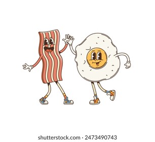 Caricatura retro groovy desayuno tocino y huevo frito personaje. Lindos y divertidos amigos del Vector personajes de la comida dando alto cinco y se regocijan juntos. Los ingredientes funky kawaii aislados emanan amistad