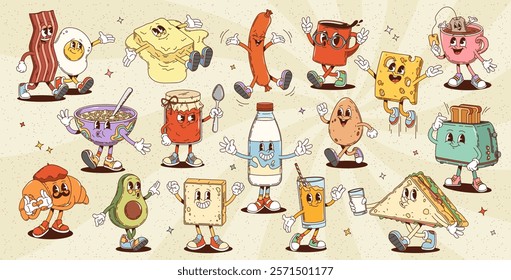 Retro cartoon groovy breakfast characters. Bacon, egg, sausage, coffee or tea cup. Cheese and butter, oatmeal porridge, jam jar, milk, croissant, avocado and toast, glass, juice, sandwich or toaster