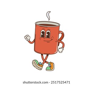 Personaje de taza de café de desayuno groovy de dibujos animados retro con una expresión alegre, con zapatillas de deporte de colores. Personaje aislado de la taza de café caliente de la porcelana del Vector que camina con el vapor que se eleva de su parte superior