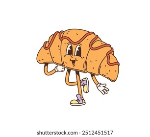 Personaje de croissant de desayuno groovy de dibujos animados retro. Pastel de Vector aislado con cobertura de caramelo y estilo vintage. Dulce y lindo personaje de croissant recién horneado que encarna el ambiente nostálgico inspirado en los años 70