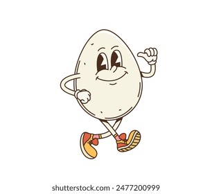 Retro cartoon groovy breakfast fried egg character. Isolated vector smiling egg with expressive eyes, wearing sneakers and showing a thumbs-up. Cheerful food personage embodies playful breakfast vibes