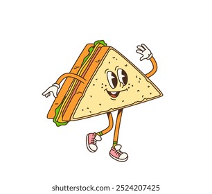 Personaje de sándwich de desayuno groovy de dibujos animados retro caminando con la mano que agita y la cara sonriente. Pan sándwich triangular de Vector aislado con rellenos de verduras, personaje de comida alegre y animado