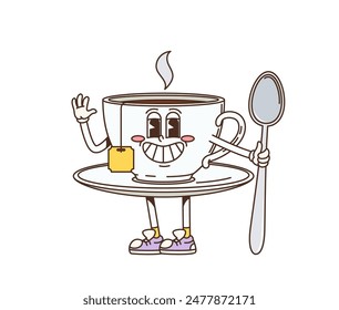 Retro cartoon groovy breakfast tea cup character. Isolated vector cheerful teacup personage with saucer and spoon, exuding nostalgic funky vibes. Hot drink mug evokes a sense of joy and playfulness