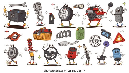 Retro cartoon groovy car spare part and tool characters, vector funky comic. Groovy funny car engine with cheerful face, silly gear with freaky smile and happy tire wheel with wrench emoji character