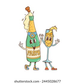 Retro cartoon groovy champagne characters celebrate party. Isolated vector sparkling wine bottle and glass personages rejoice with happy smiles, embodying carnival fun, disco-era vibe of 60s or 70s