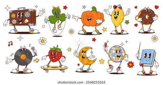 Retro cartoon groovy characters and comic funny emoji, vector funny funky personages. Groovy pumpkin and donut dessert with disco ball and strawberry hipster on skateboard and happy 70s vinyl disc