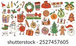 Retro cartoon groovy Christmas characters and winter holiday funky emoji, vector 70s art icons. Retro cartoon groovy Santa and gifts, quirky snowman or psychedelic Christmas tree decoration characters