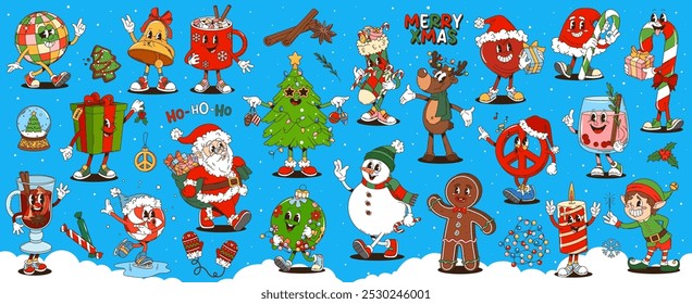 Retro cartoon groovy Christmas characters, Xmas and New Year holidays vector stickers. Funny Santa Claus, Christmas tree and snowman with gift. Funky hippie peace sign and candy cane groovy personages