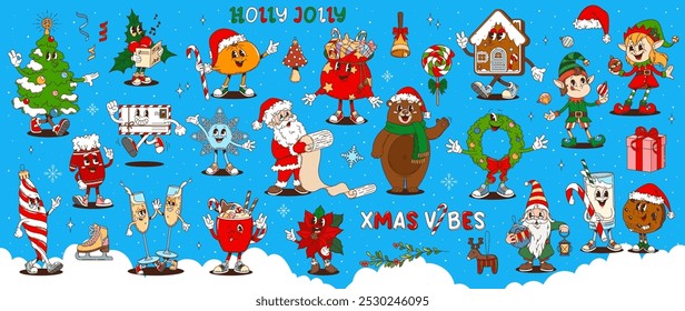 Personajes de Navidades groovy de dibujos animados retro. Santa, árbol, bayas de acebo, bastón de caramelo y bola. Regalos y casa de jengibre, carta, copo de nieve y oso, corona, elfo o chuchería, patín de hielo, copas de champán