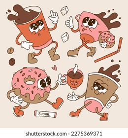 Retro cartoon groovy coffee character mascots set. Vintage Paper cup, mug, donut mascots collection. 60s-70s contour pasterl color hand drawn vector illustration.