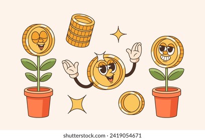 Retro Cartoon Groovy Coin Flower Finance Charakter. Lebhafte, fröhliche Topfpflanze mit psychedelischem Lächeln, Freude verbreiten