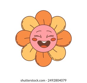 Retro cartoon groovy daisy flower with happy laughing face, vector character. Groovy daisy flower in retro cartoon or 70s, 80s hippie art for good vibes and positive emotion smile of love emoji