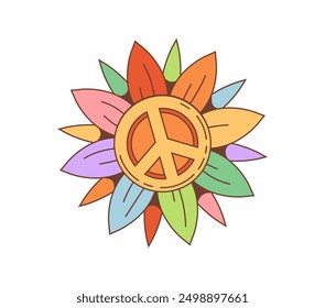 Retro cartoon groovy daisy flower with hippie peace symbol. Isolated vector vibrant, multicolored psychedelic blossom with peace emblem, encapsulates essence of 60s and 70s hippie culture and pacifism