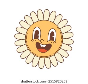 Retro cartoon groovy daisy flower with funky face, vector emoji smile character. Groovy daisy flower in retro cartoon or 70s, 80s hippie art with funny happy smiling face for good vibes emoticon