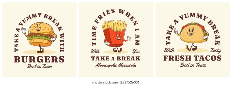 Retro Cartoon Groovy Fast Food Caracteres Etiquetas Conjunto. Burger, French Fries e Taco Mascot Signs Collection. Hambúrguer de comida de rua e emblemas de personalidade de batata frita com tipografia vintage isolada