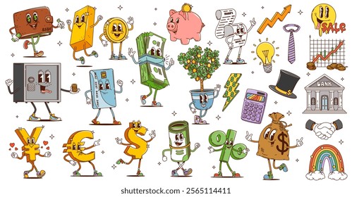 Retro cartoon groovy finance characters of money, golden coins, wallet and credit card. Vector psychedelic dollar, euro and yen currency symbols, vintage money bag, safe and hippy smile personage