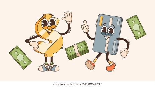 Retro Cartoon Groovy Financial Characters. Funky Dollar Sign With Psychedelic Vibes Waving Hand, And Credit Card