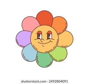 Caricatura retro personaje floral groovy o sonrisa de margarita con pétalos de arco iris, Vector de los años 70 80 símbolo hippie. Psicodélica flor groovy o divertida margarita funky con cara feliz para el amor y la paz emoji emoticon