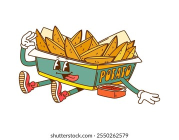 Caricatura retro groovy papa frita cuñas de carácter de comida rápida. Vector de chuletas de patata en caja de cartón y salsa de kétchup. Personaje de comida rápida funky, menú de cafetería para niños para llevar comida chatarra. Snack de verduras fritas