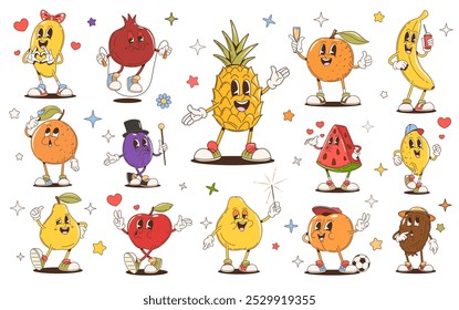 Retro cartoon groovy fruit characters. Vector cute apple, banana, peach and orange personages, funny berry food emojis. Trendy psychedelic pineapple, lemon, kiwi and pear groovy fruit emoticons