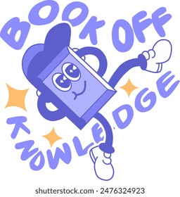 retro cartoon groovy fun looking book with slogan book is a source of knowledge with relaxed free pose