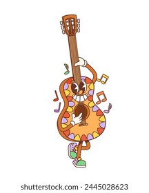 Caricatura retro personaje de guitarra groovy. Personaje aislado del guitarrón funky de Vector con un patrón psicodélico y notas musicales, exuda vibraciones de los años 70 con una actitud fresca y relajada y una energía musical vibrante