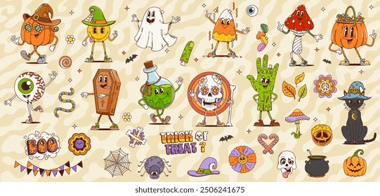 Retro cartoon groovy Halloween characters. Vector cute ghost, hippie pumpkin, trippy zombie hand, witch cat and mushroom. Psychedelic groovy Halloween skull monster, trick or treat candy, daisy flower