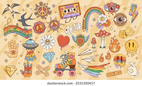 Símbolos y Elementos hippies groovy de dibujos animados retro. Flores de Vector, arco iris, corazones y signos de paz, emojis felices, buen rollo, setas funky y ojos. OVNI psicodélico, cinta de casete de música hippy y dados