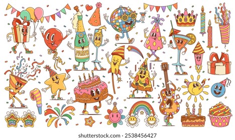 Retro cartoon groovy holiday, birthday and anniversary characters. Cute cake, balloons, gift and hat birthday party vector personages. Hippie funky champagne, happy cocktail, flowers and confetti