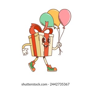 Personaje de la caja de regalo de vacaciones de dibujos animados retro con globos. Personaje de regalo festivo aislado del vector con el arco rojo, llevando el manojo de globos coloridos, listos para la celebración del cumpleaños y la sorpresa